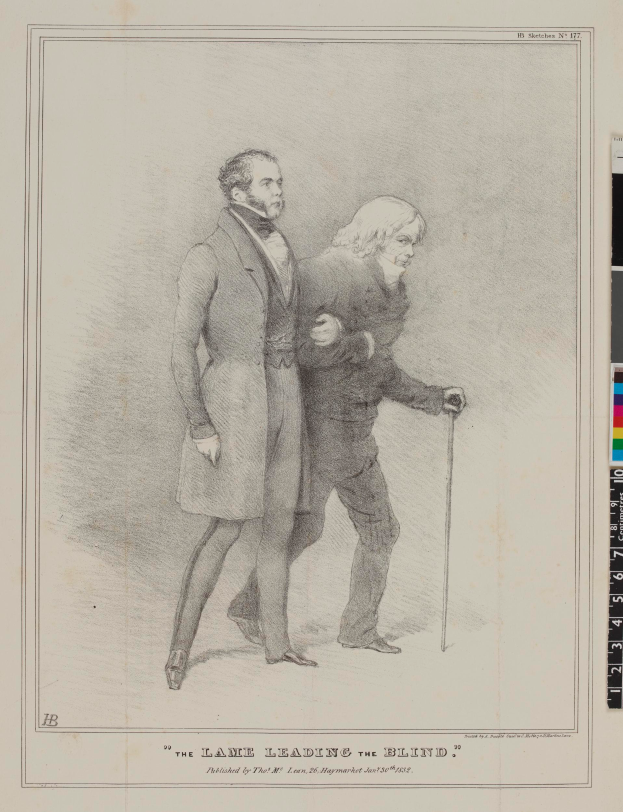 Zwei Männer stehen nebeneinander auf einem Blatt Papier mit Text und Farbskalen, einer hält einen Stock, mit dem Text "Der Weg des Blinden" auf dem Blatt geschrieben.