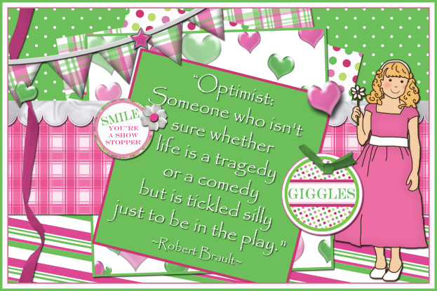 Ein Cartoon-Mädchen in einem pinken Kleid hält eine Blume vor einem grün-weißen Hintergrund, mit einem Zitat von Robert Brault über Optimismus.