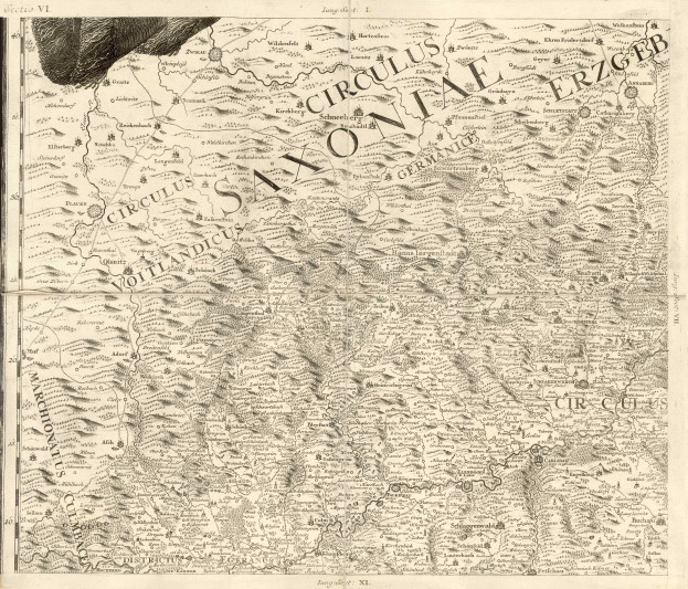 Ein altes Kartenbild von Sachsen, Deutschland, das geografische Merkmale wie Flüsse, Berge und Städte zeigt, mit begleitendem Text.