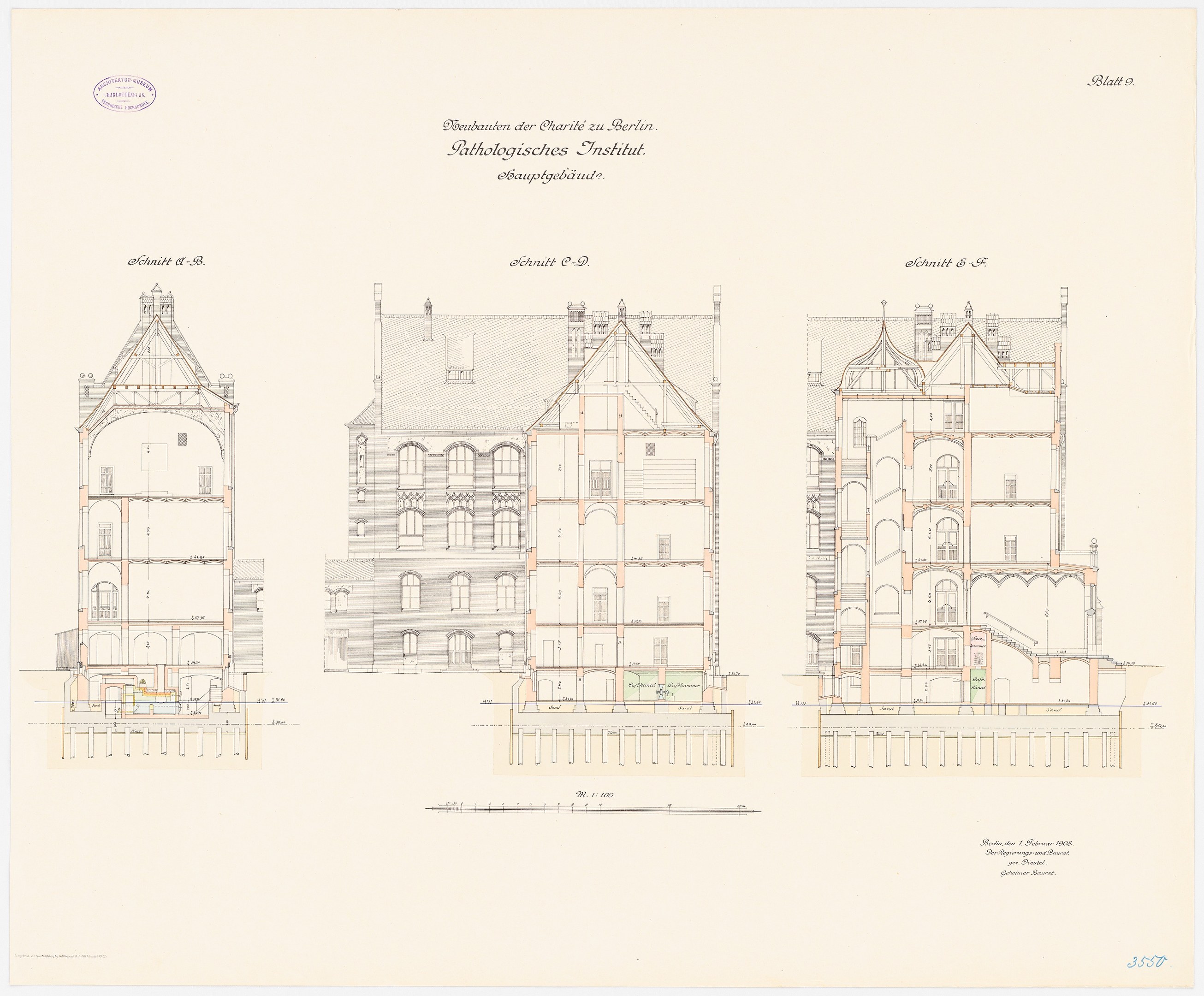 Schwarz-weißer Architekturentwurf der Charles II-Schule in Berlin, der ein Geb├Ąude mit zahlreichen Fenstern und detaillierte Pläne und Textanmerkungen zeigt.