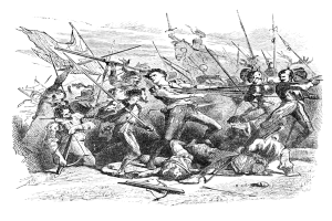 Eine Schwarz-Weiß-Zeichnung von kämpfenden Menschen.