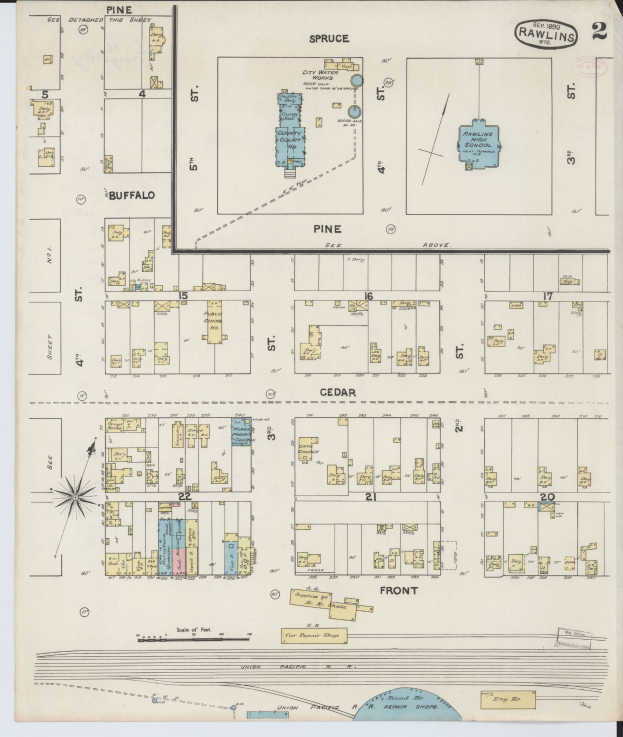 Alte Karte von San Francisco, Kalifornien, die das Rawlins-Schulbezirk mit gedrucktem Text auf Papier hervorhebt, der sein Layout beschreibt.