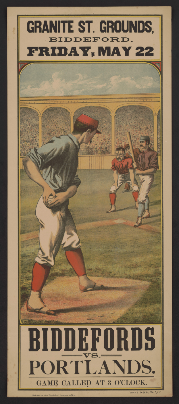 Plakat für ein Baseballspiel zwischen Biddeford und Portland mit einem Mann in Baseballuniform und entschlossener Miene.