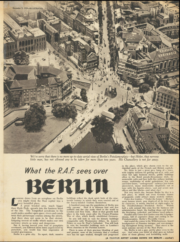 Alte Zeitung mit Schwarz-Weiß-Fotografie eines Stadtpanoramas mit Gebäuden, Bäumen und Fahrzeugen sowie begleitendem Text.