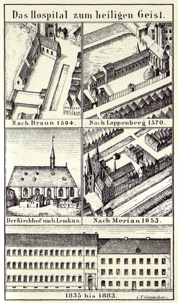 Eine detaillierte Poster-Illustration eines deutschen Krankenhauses mit Gebäuden, die Fenster, Türen und Balkone aufweisen, begleitet von Text, der seine Größe, Lage und Merkmale beschreibt.