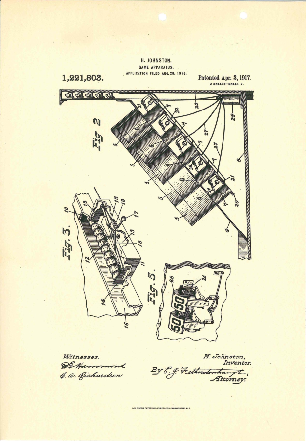 Schwarz-weiß-Zeichnung eines patentierten Spielgeräts von einer Buchseite, beschriftet mit "Game Apparatus Patent 1,221,803" mit nummerierten Bauteilen.