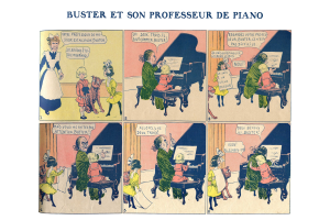 Ein Comicstrip mit einem Mann an einem Piano und einer Frau daneben, die beide auf die Tasten schauen, mit der Aufschrift "Buster et son professeur de piano" oben.