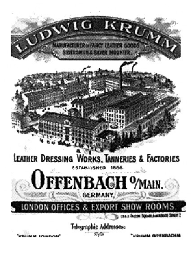 Ein Schwarz-Weiß-Bild eines Gebäudes mit dem Text "Ludwig Krumm Lederpflegewerke, Gerbereien & Fabriken" in Offenbach, Deutschland.