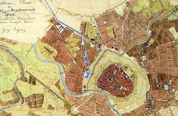 Ein detaillierter alter Stadtplan von Hamburg, Deutschland, mit Straßen, Gebäuden und Sehenswürdigkeiten, durch den eine blaue Linie verläuft und Textinformationen über die Stadt enthält.